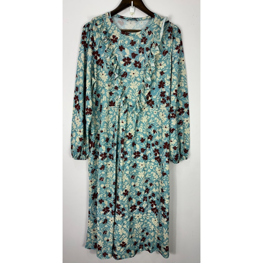 Zara Floral Midi Dress Women Large Teal Blue Ruffle Cottagecore Boho Long Sleeve
